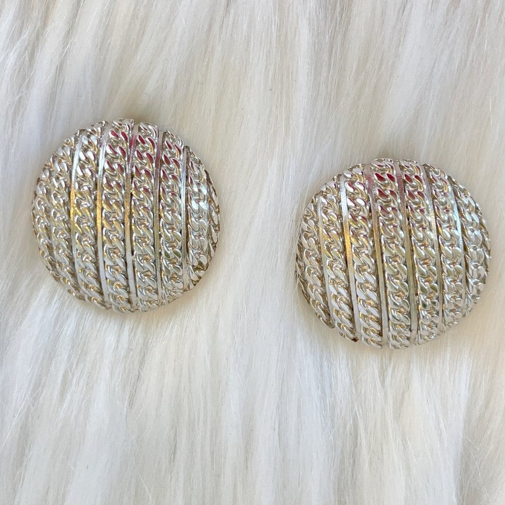 Monet Silver Earrings Round Button Chain Texture Vintage 80s 90s Clip Ons